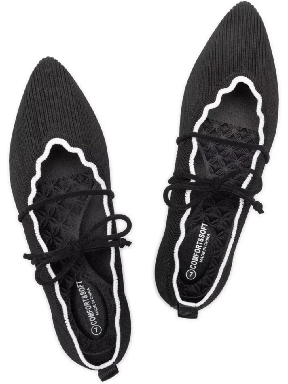 Women's Black Rubber Knitted Slip On Pointed Toe with Ruffled Vamp Elastic Flats